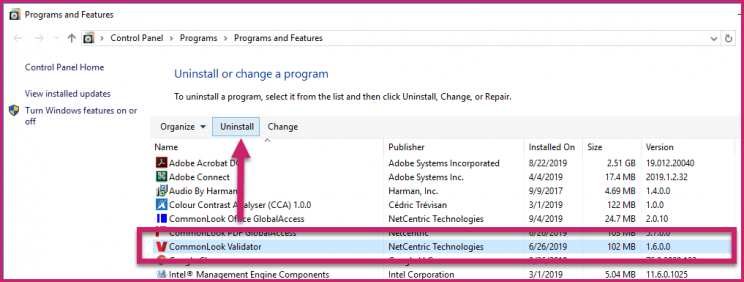 Screenshot of Add or Remove Programs with CommonLook Validator selected and the Uninstall button highlighted.