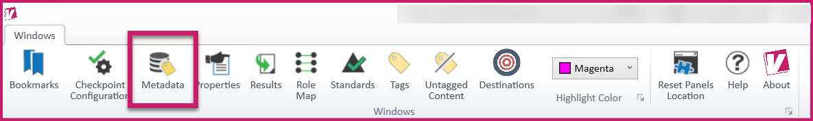 The Windows tab in the CommonLook PDF Validator with the Metadata button highlighted.