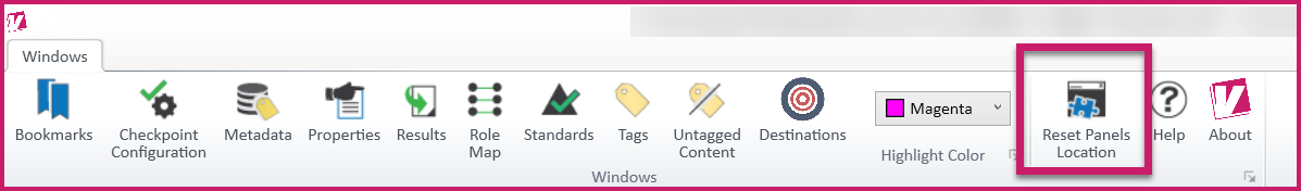 The Windows tab in the CommonLook PDF Validator. The Reset Panels Location button is highlighted.