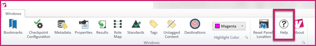 The Help button in the Windows tab of the CommonLook PDF Validator.