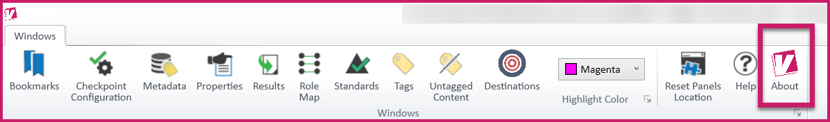 The About button in the ribbon of the Windows tab in the CommonLook PDF Validator.