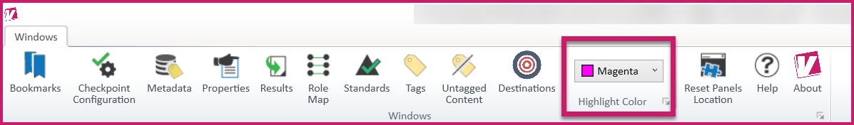 The Highlight color dropdown menu in the CommonLook PDF Validator ribbon. Expand the menu to choose a color to outline content when it's selected.