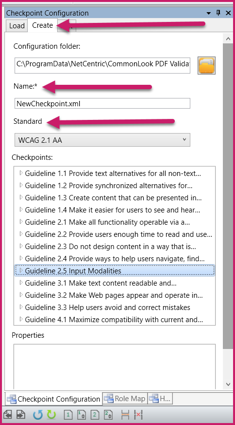 Screenshot of the Checkpoint Configuration Panel open with the Create tab highlighted, A standard named, and WCAG 2.1 chosen. Guideline 2.5 is selected.