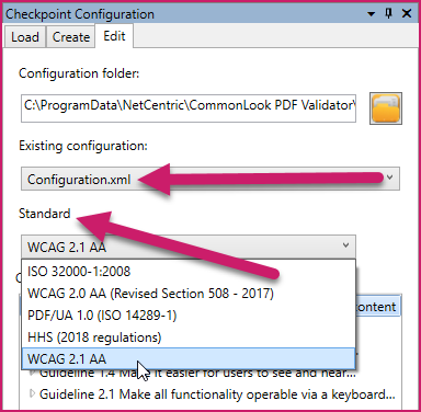 The edit checkpoint configuration panel showing the standards to reconfigure.