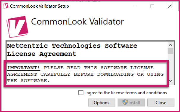 The License Agreement is highlighted in the CommonLook Validator Setup dialog.