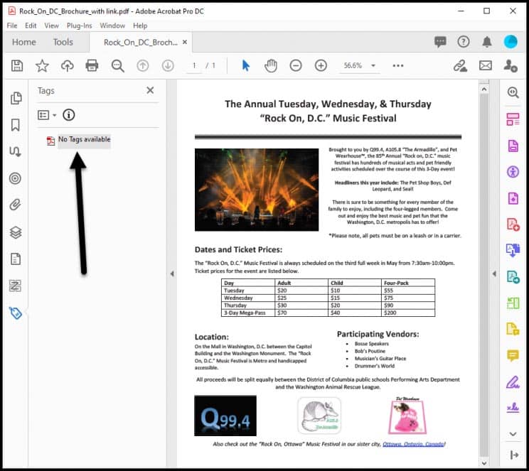 A screen capture of Adobe Acrobat Pro showing that there are no tags present in a PDF file