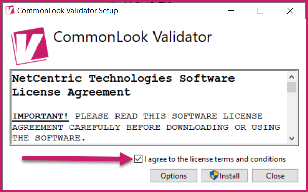 The checkbox to indicate agreement with the licensing terms is highlighted in the CommonLook Validator Setup dialog.