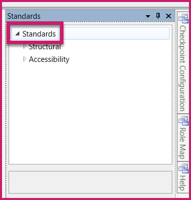 The Standards panel with the Standards menu highlighted and opened to show the verification options - Structural and Accessibility.