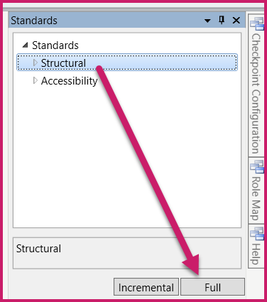 The Standards panel showing the Structural check option selected and the Full check button identified.