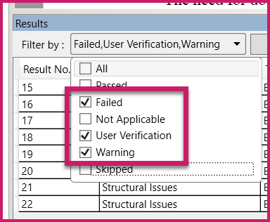 The Filter By drop down menu is expanded with the checkbox for All unchecked and the checkboxes for Failed, User Verification, and Warning are selected.
