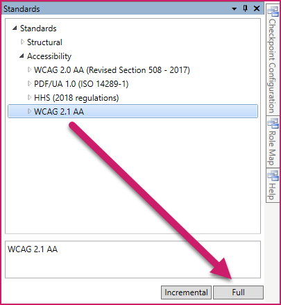 Screenshot with the accessibility standards options and the Full validation button highlighted.