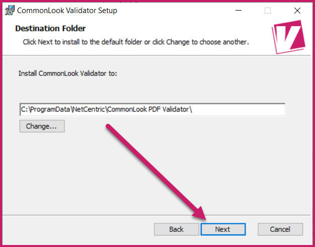 The Destination Folder dialog with the Next button highlighted.