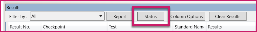 The buttons at the top of the Results panel in the CommonLook PDF Validator. The Status button is highlighted.