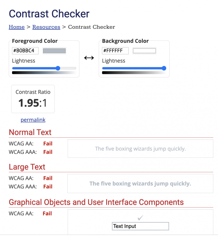 A screen capture of the WebAim color contrast checker