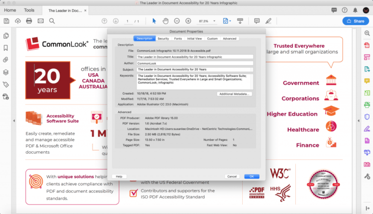 A screen capture showing a window that consists of different components of the metadata of the concerned PDF document.
