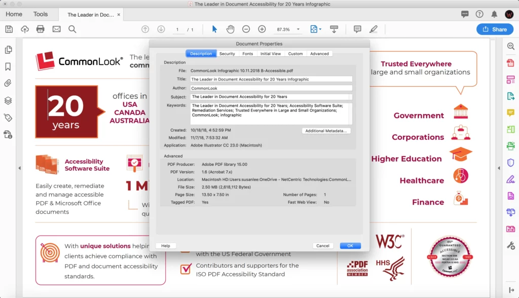 A screen grab of the dialogue from Adobe Acrobat Pro, displaying the fields for PDF Metadata