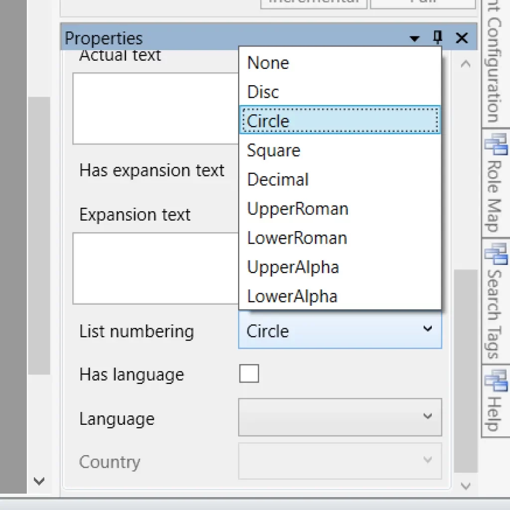 A screen capture showing the List Numbering value dropdown menu in CommonLook