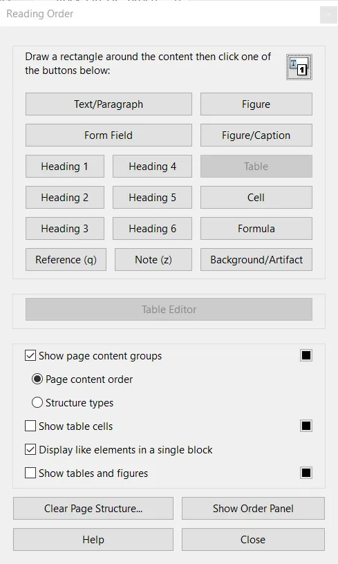 A screen capture of Adobe Acrobat Pro's Reading Order Dialogue Window