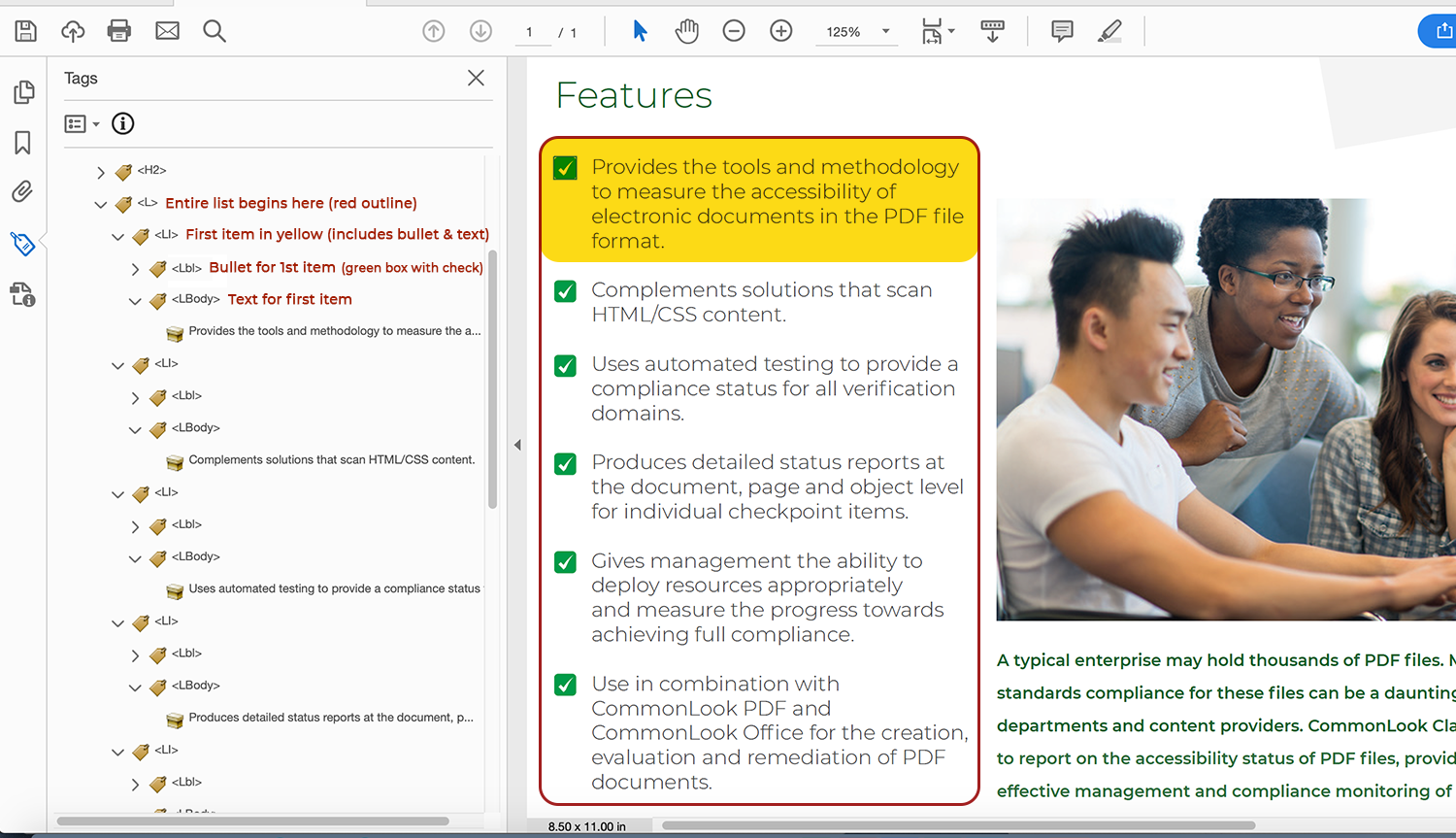 closeup of PDF screen showing list tags on left and their matching components in the document on the right.