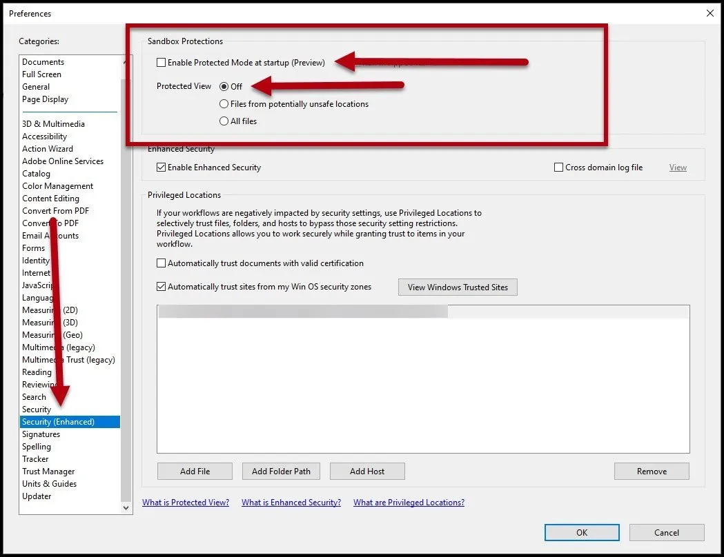 Screenshot of Preferences dialog box, with Security enhanced category chosen, two arrows pointing to the enable Protected Mode at start up checkbox not checked, and a selected radio button next to protected view off.