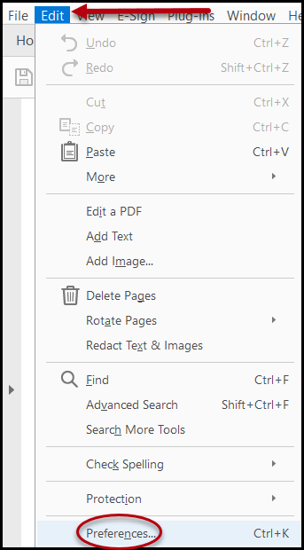 Screenshot of Edit menu open and Preferences highlighted.
