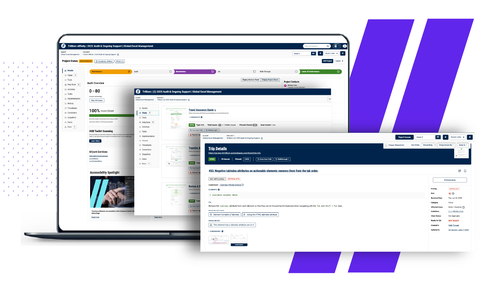 Layered screenshots of a project management dashboard on a laptop screen, showing project status, audit views, and trip details.