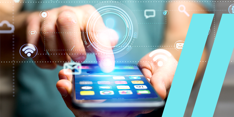 Person interacting with a smartphone; holographic icons and glowing UI indicate mobile data and connectivity.