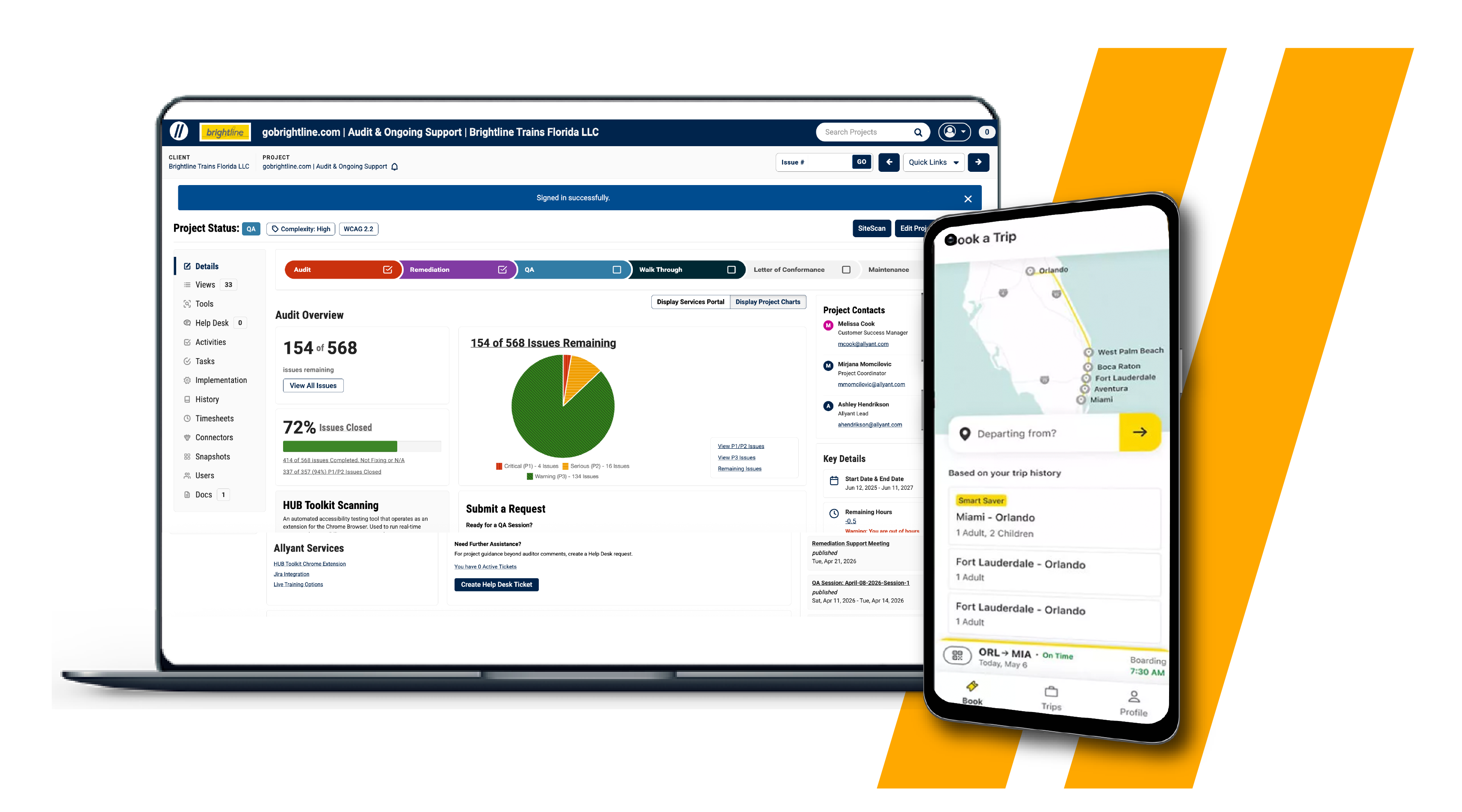 Laptop screen displays a project management dashboard with charts and panels; a smartphone shows a travel booking app beside it.