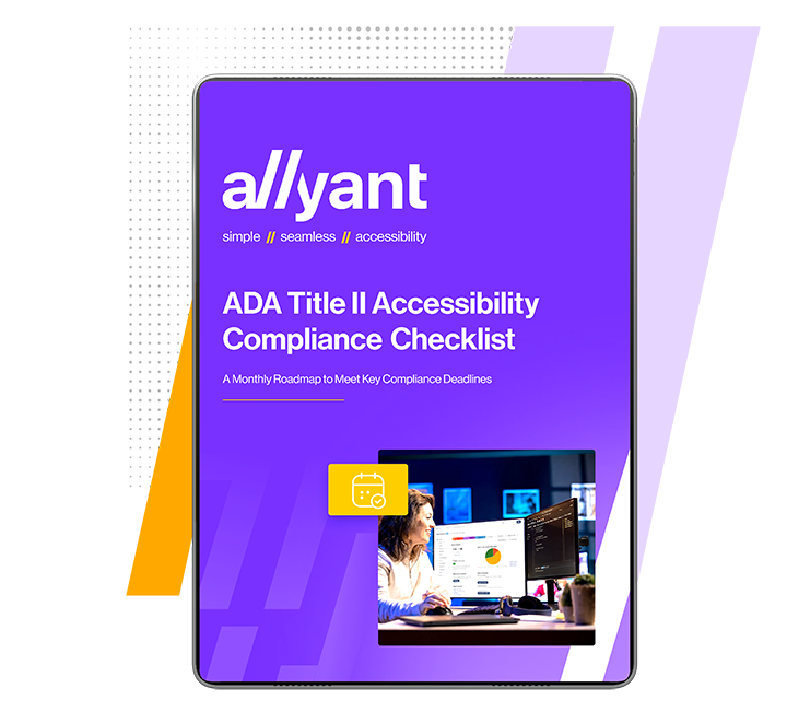 Purple device cover reading 'ADA Title II Accessibility Compliance Checklist' with a photo of a person at a computer and a yellow calendar icon in the foreground.