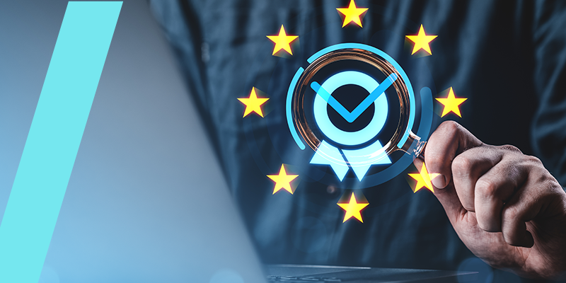 Holographic verification checkmark surrounded by European stars, symbolizing EU certification and quality assurance.