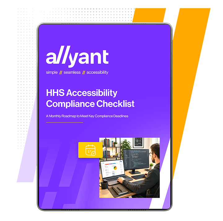 Tablet screen shows a purple slide with the title 'HHS Accessibility Compliance Checklist' and a small logo at the top, suggesting a presentation or download cover.
